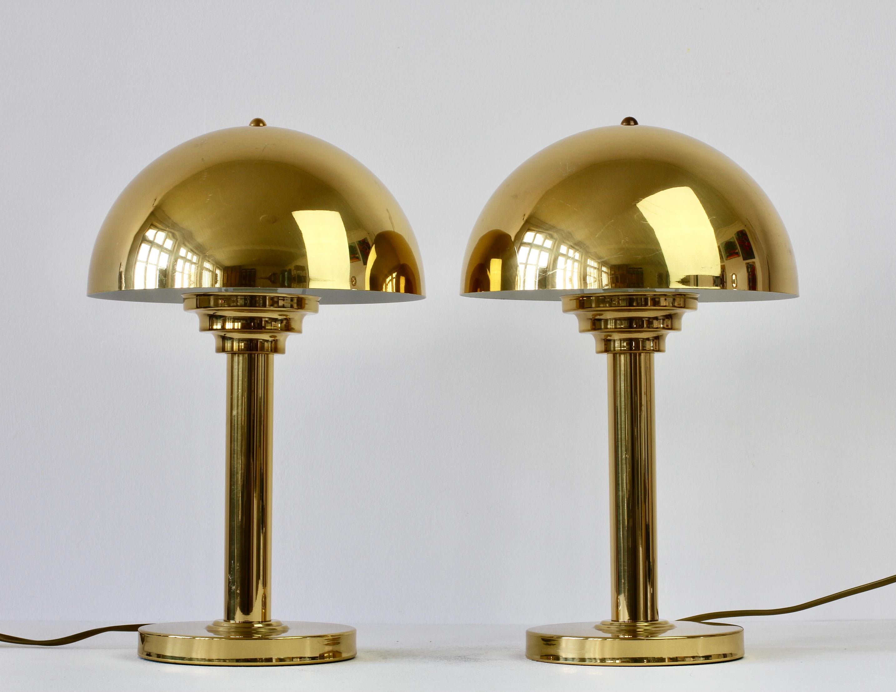 Pair of polished brass Art Deco style vintage table lamps with round domed lampshades. These lamps give a wonderful indirect light - similar to the flower pot lamps designed by Verner Panton in the 1960s / 1970s. 

Original EU wiring present and