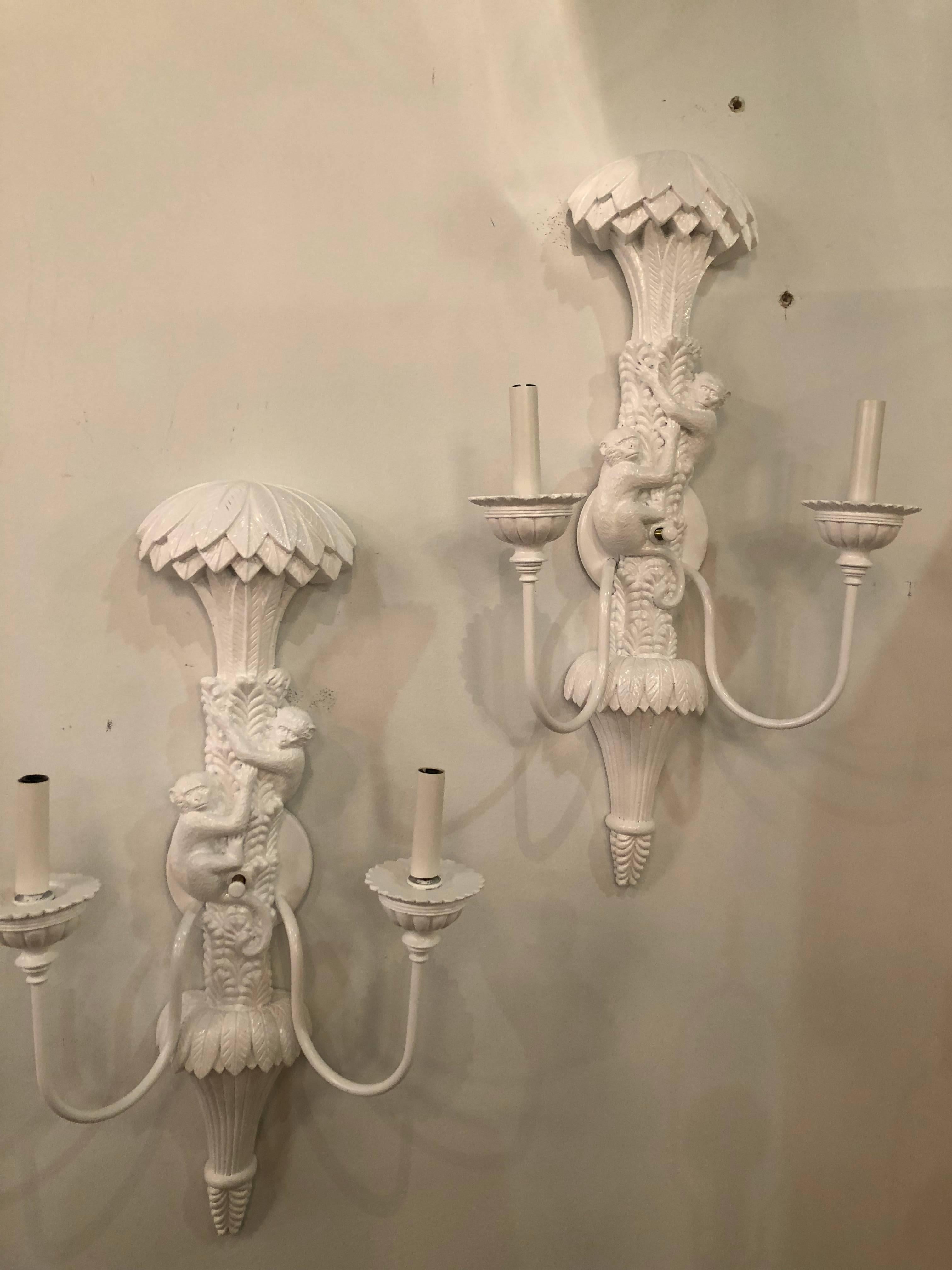 American Pair of Vintage Monkey Wall Light Sconces Palm Leaf