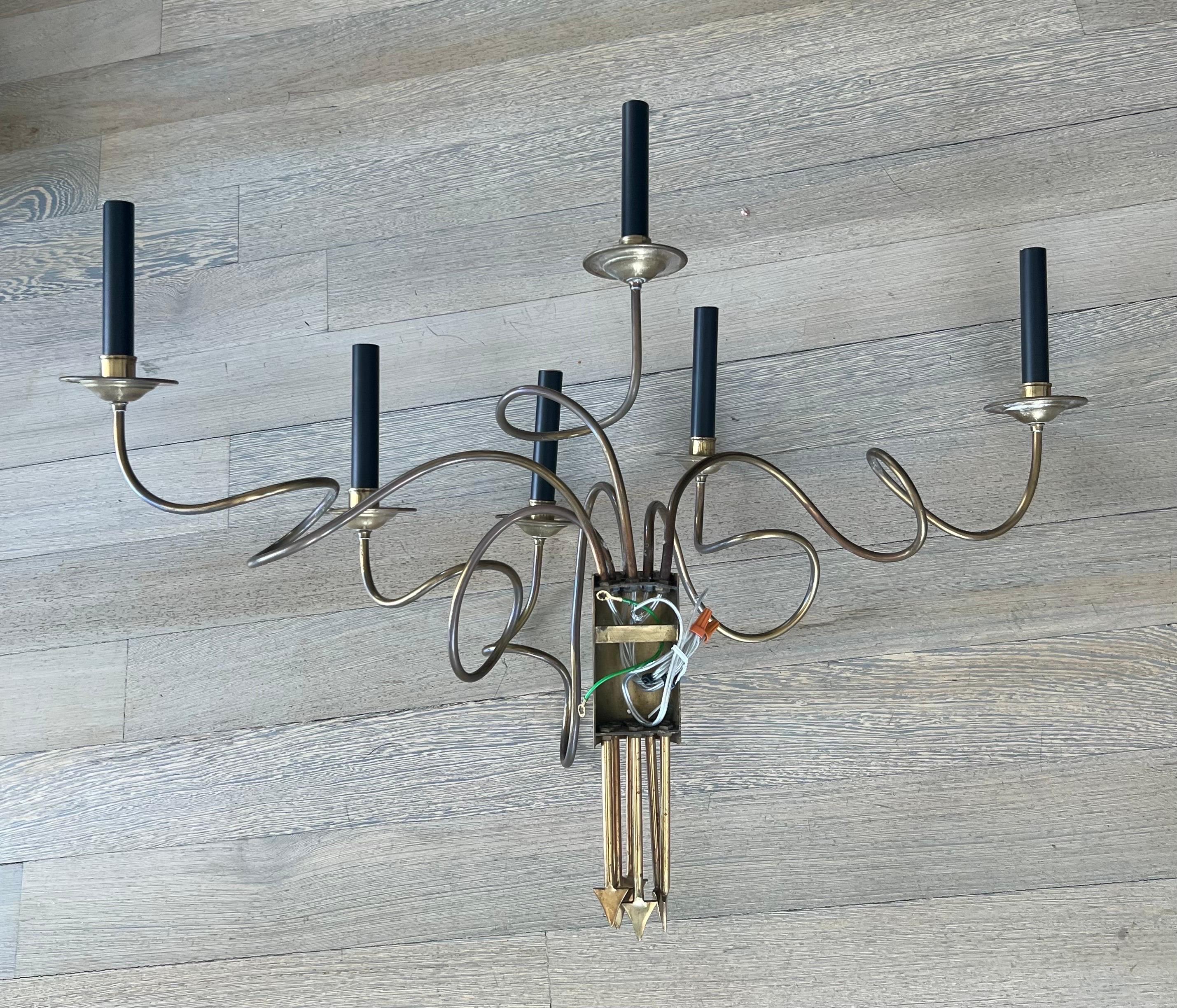 Mid-20th Century Pair of Vintage Monumental 6 arm Brass Sconces from David Adler Residence For Sale
