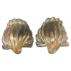 Pair of Vintage Monumental Archimede Seguso Murano Gilt Glass Shell Wall Sconces