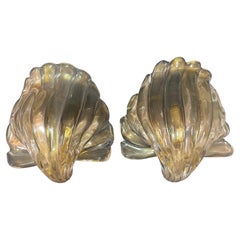 Pair of Vintage Monumental Archimede Seguso Murano Gilt Glass Shell Wall Sconces