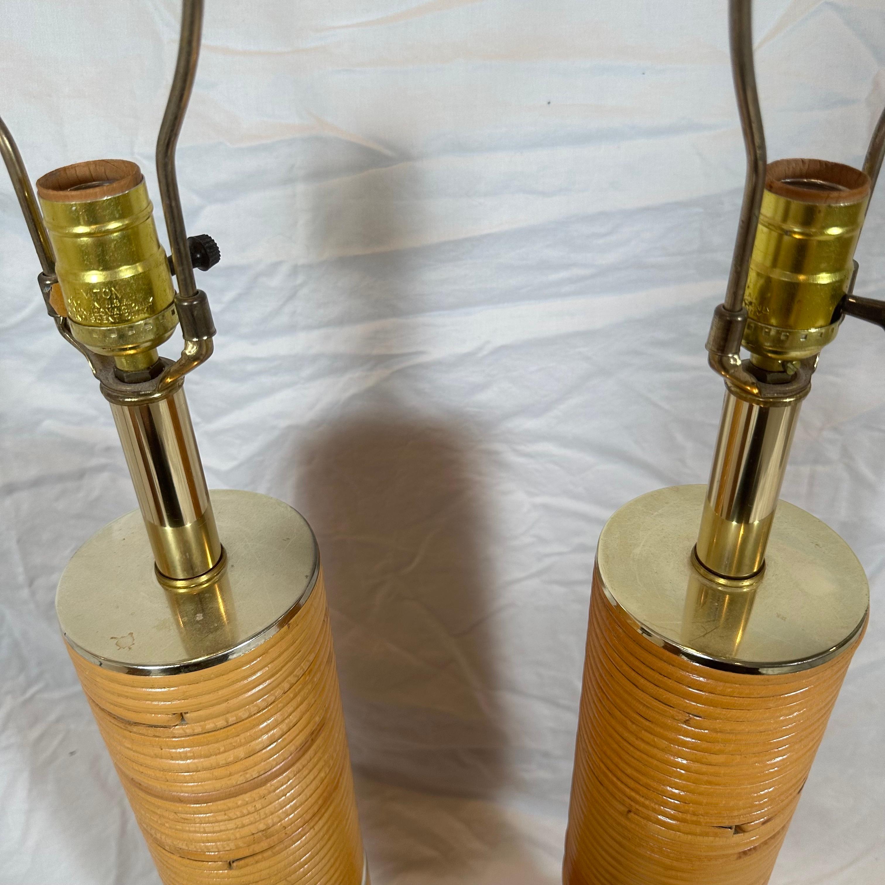 Pair of Vintage Monumental Pencil Reed and Brass Table Lamps For Sale 8