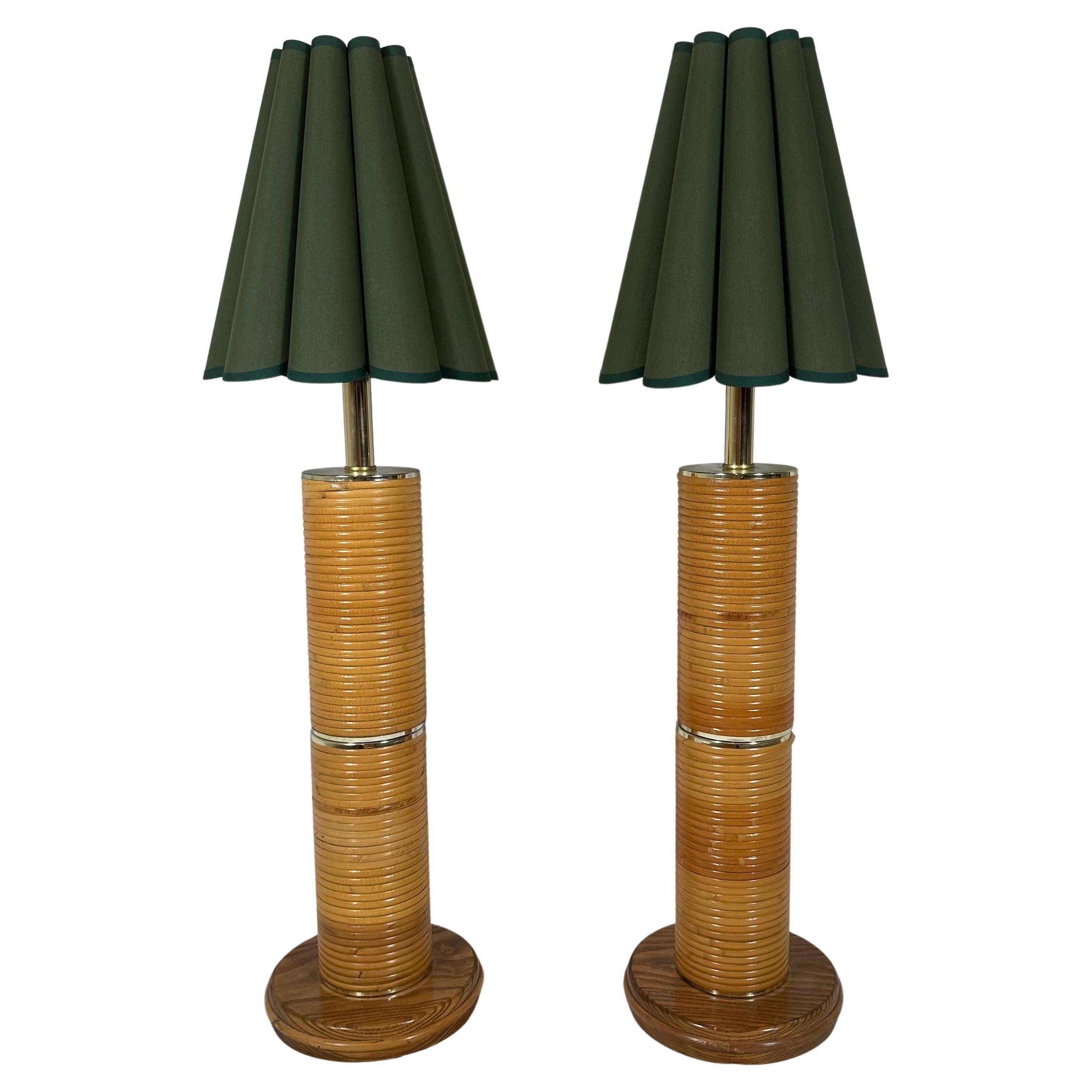 Pair of Vintage Monumental Pencil Reed and Brass Table Lamps For Sale