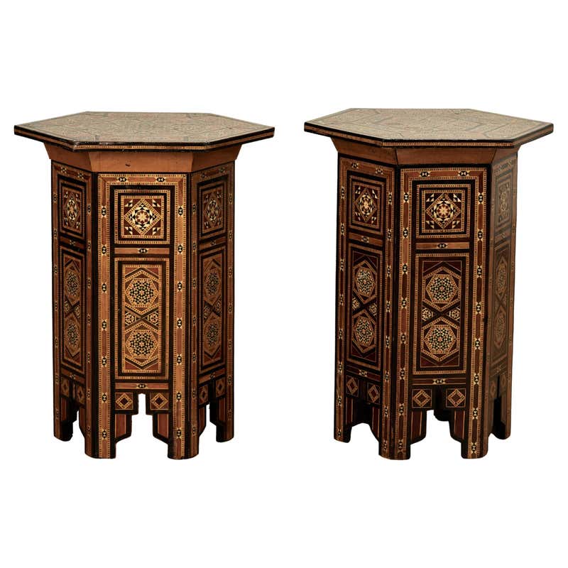 Pair Of Tall And Large Oriental Pedestal Tables In Marquetry, 20th ...