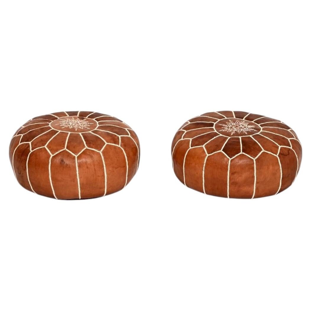 Pair of Vintage Moroccan Leather Ottoman Stools For Sale