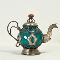 Pair of Vintage Moroccan Pottery and Metal Teapots