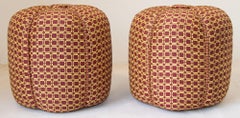 Pair of Vintage Art Deco Pouf Turquoise Upholstered Round Stools
