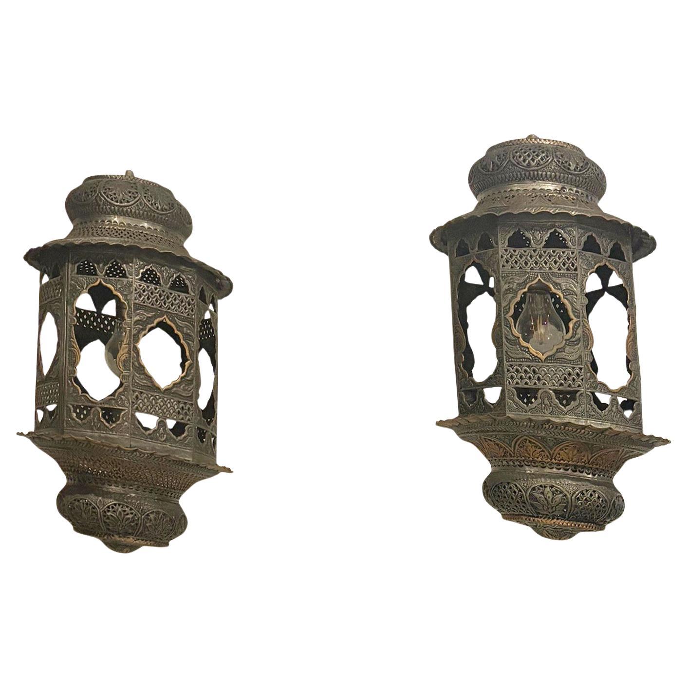 Pair of Vintage Moroccan Style Electrified Silver with Brass Hanging Lanterns