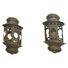 Pair of Vintage Moroccan Style Electrified Silver with Brass Hanging Lanterns
