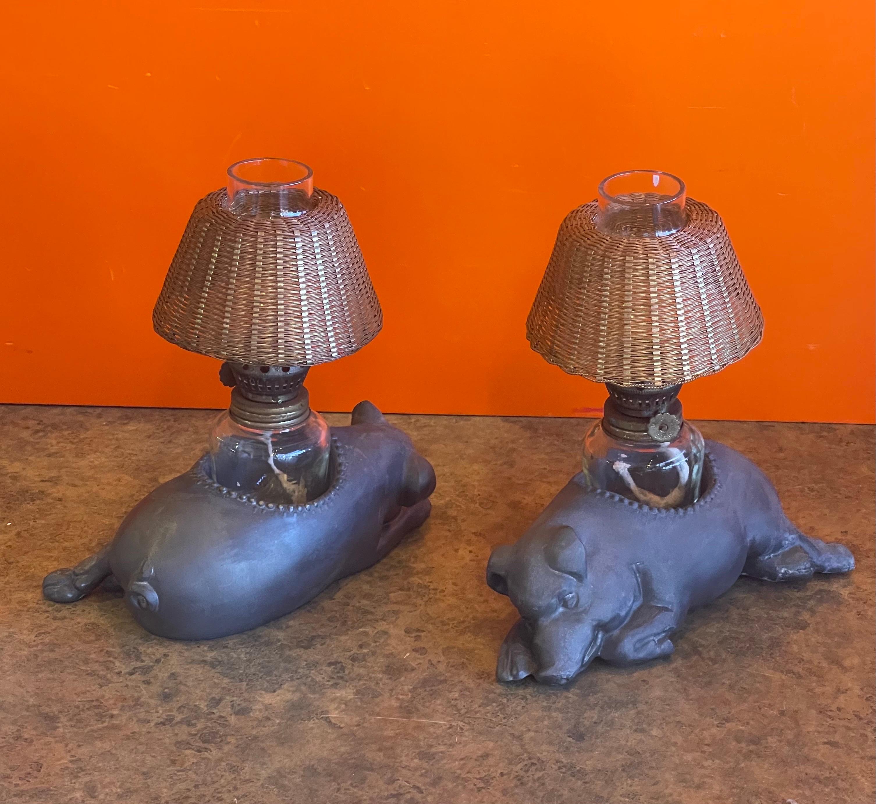 Pair of Vintage Morton's Steakhouse Sleeping Pig Pewter Oil Lamps 3