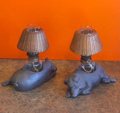 Pair of Vintage Morton's Steakhouse Sleeping Pig Pewter Oil Lamps