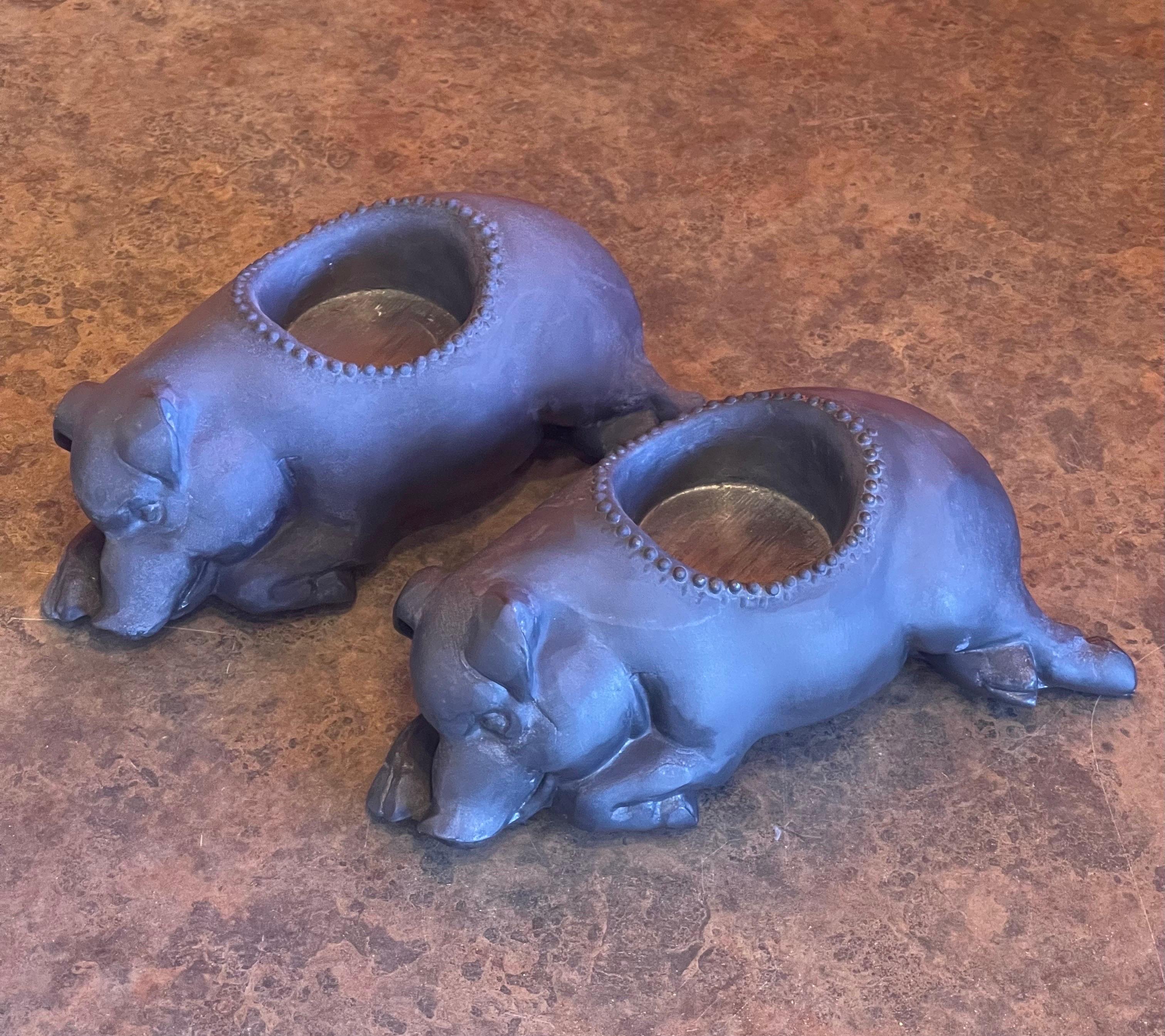 Pair of Vintage Morton's Steakhouse Sleeping Pig Pewter Oil Lamps In Good Condition In San Diego, CA