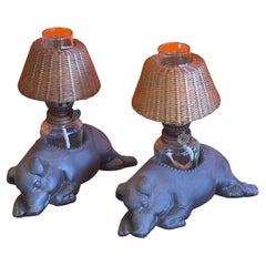 Pair of Vintage Morton's Steakhouse Sleeping Pig Pewter Oil Lamps