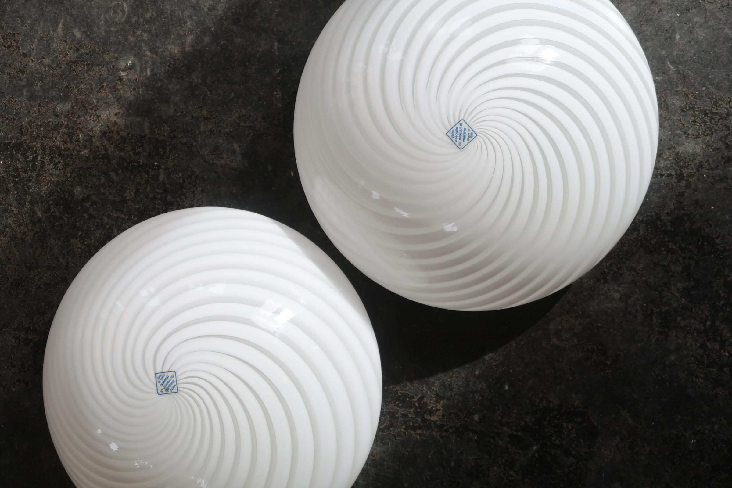 Mid-Century Modern Pair of vintage Murano 1970s Flush Mount Wall Ceiling Lamps in White Swirl Glass For Sale