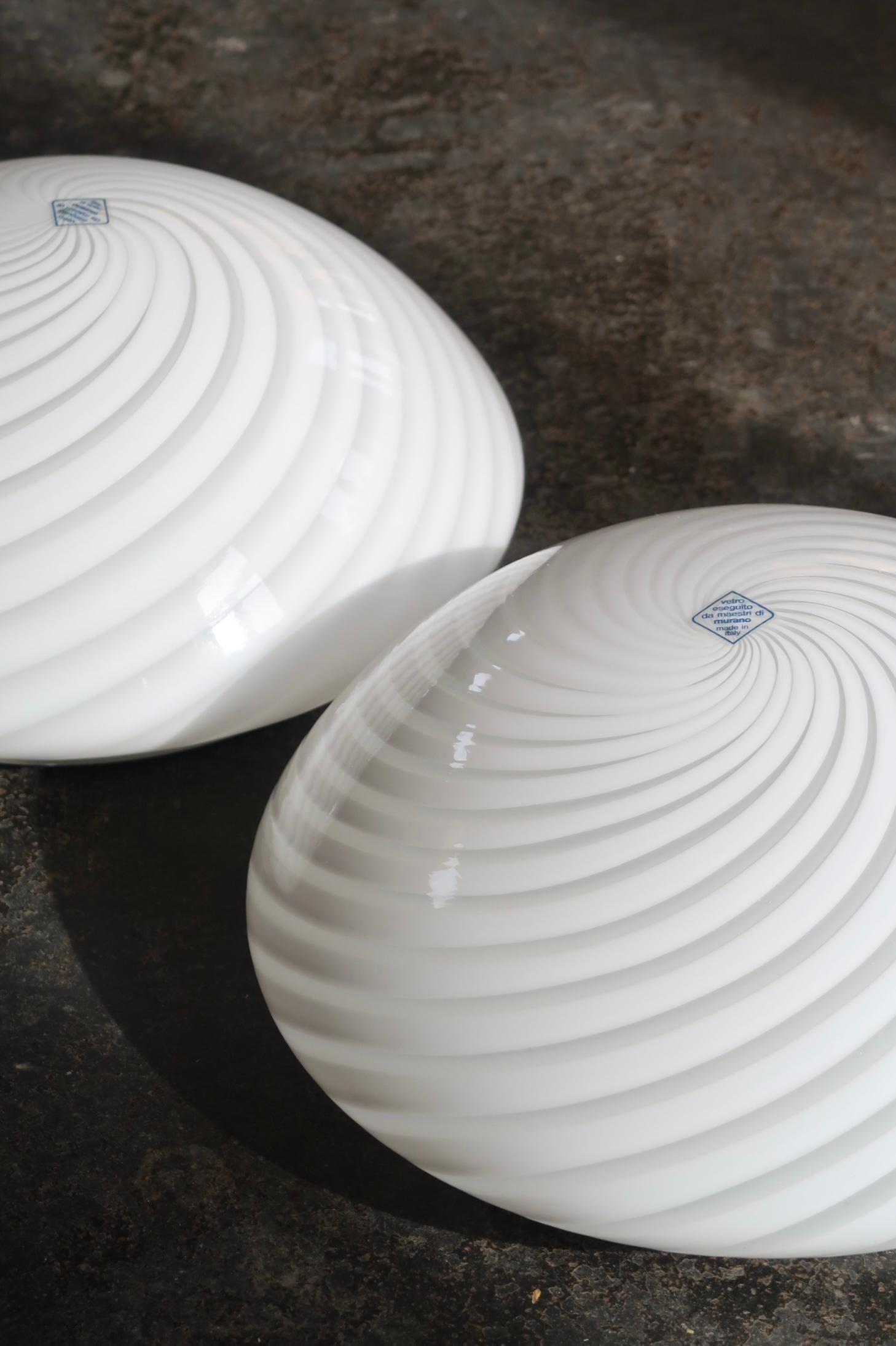 Murano Glass Pair of vintage Murano 1970s Flush Mount Wall Ceiling Lamps in White Swirl Glass For Sale