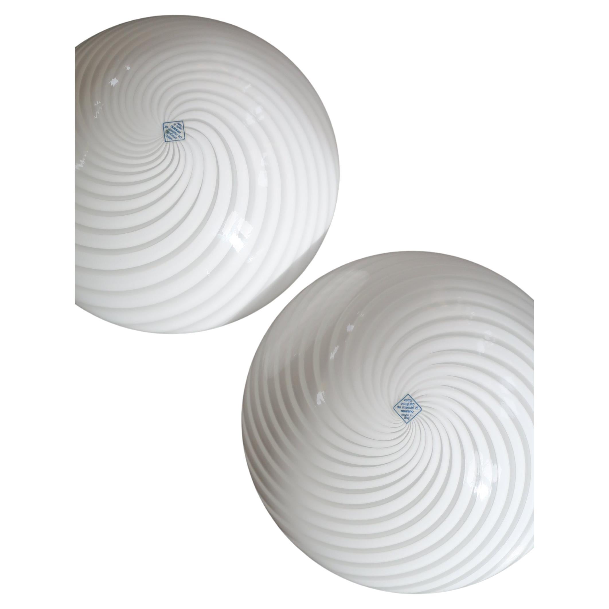 Pair of vintage Murano 1970s Flush Mount Wall Ceiling Lamps in White Swirl Glass For Sale