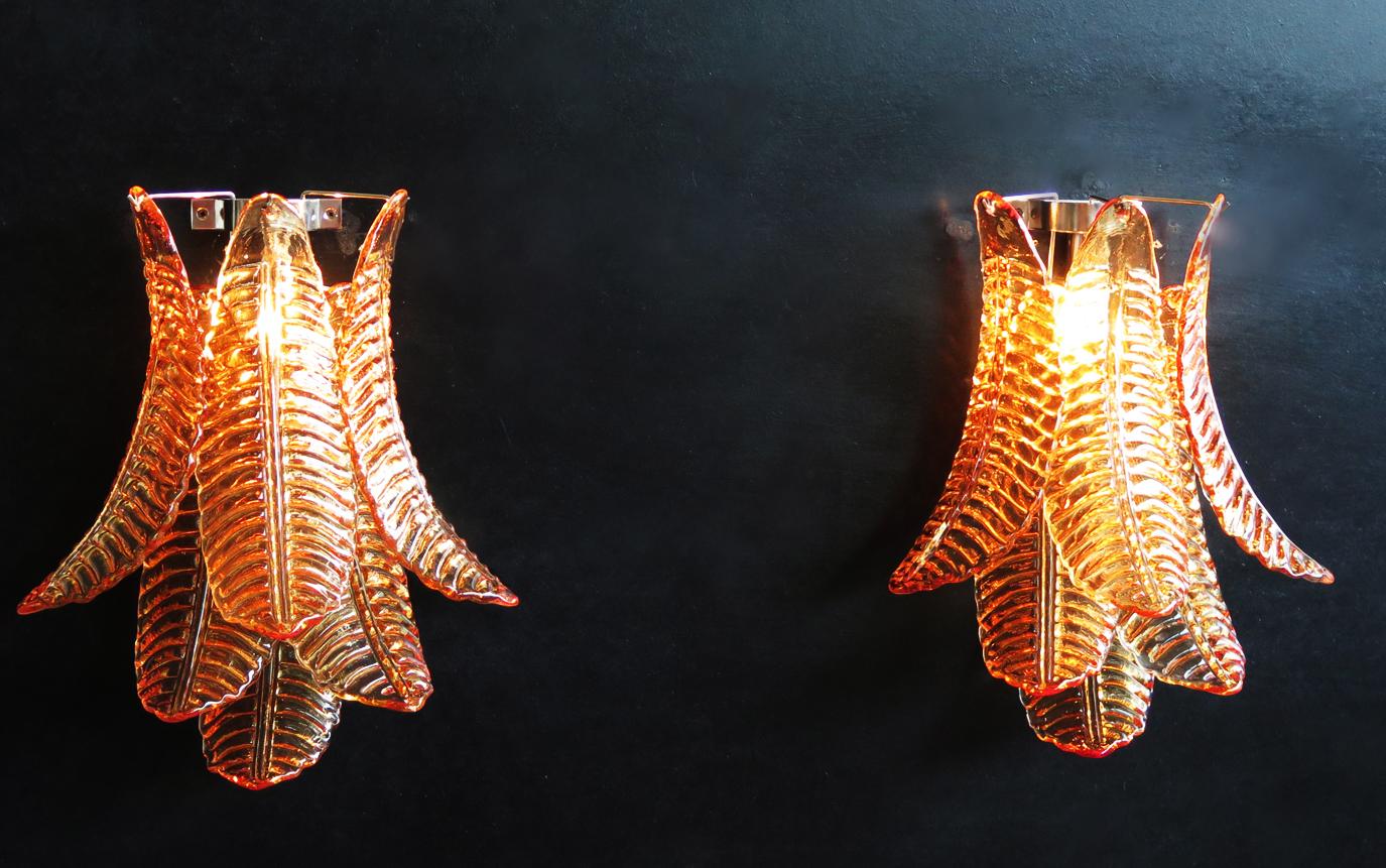 Late 20th Century Pair of Vintage Murano Amber Felci Glass Wall Sconces