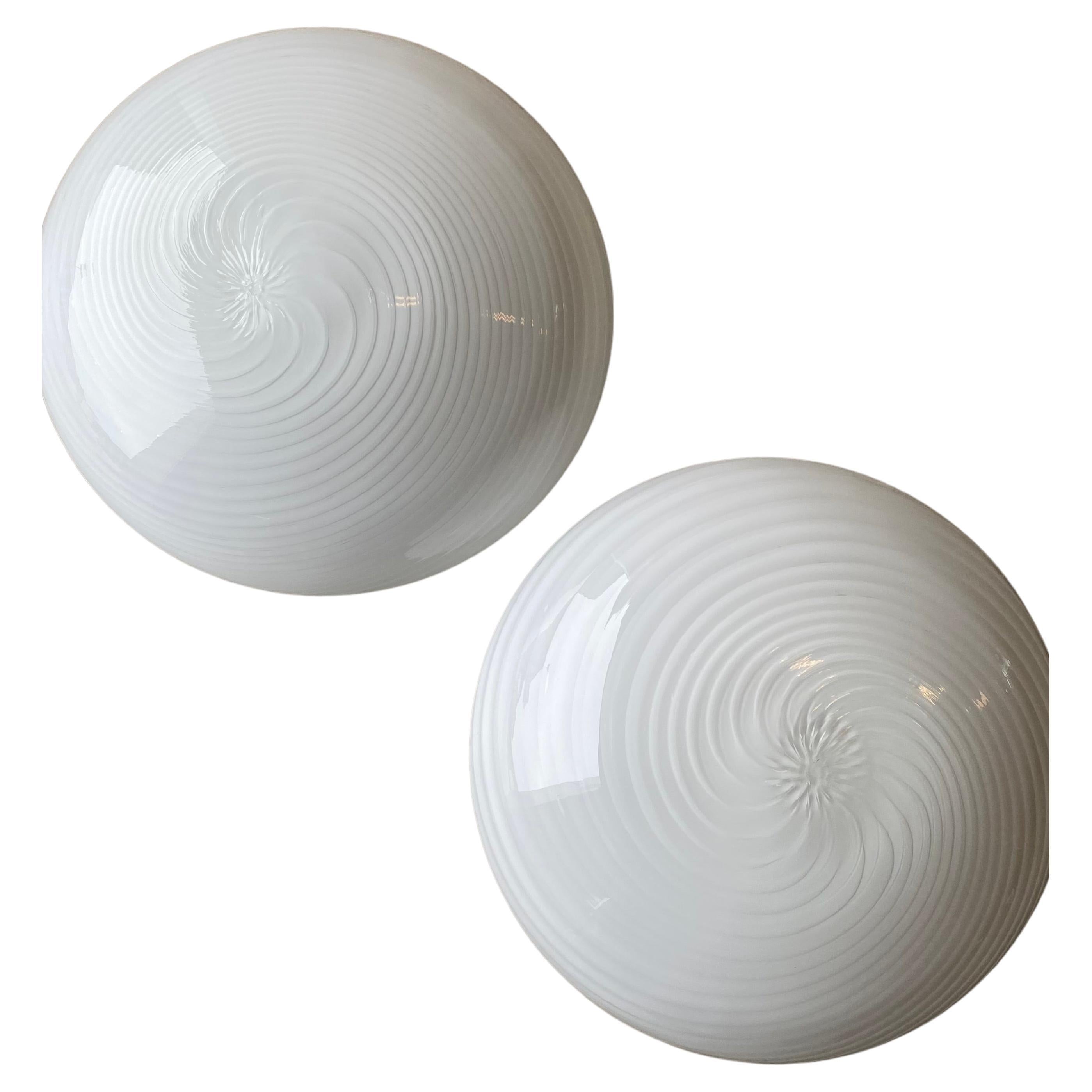 Pair of vintage Murano Flush Mount Ceiling Lamps White Swirl Glass, Italy 1970s For Sale