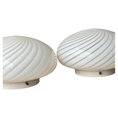 Pair of vintage Murano Flush Mount Ceiling Lamps White Swirl Glass, Italy 1970s