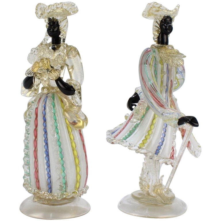 Pair of Vintage Murano Glass Blackamoor Lady and Gentleman Figurines