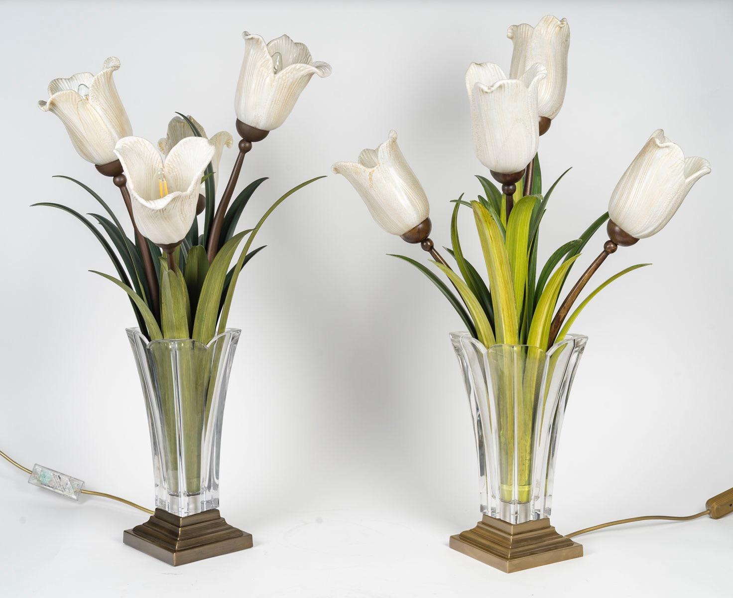 Paar Blumenvasen aus Murano-Glas um 1980 (Metall) im Angebot