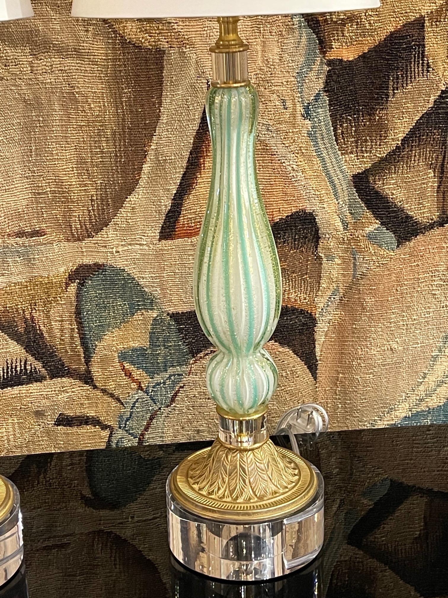 Italian Pair of Vintage Green Murano Glass Lamps with Custom Gilt and Lucite Additions