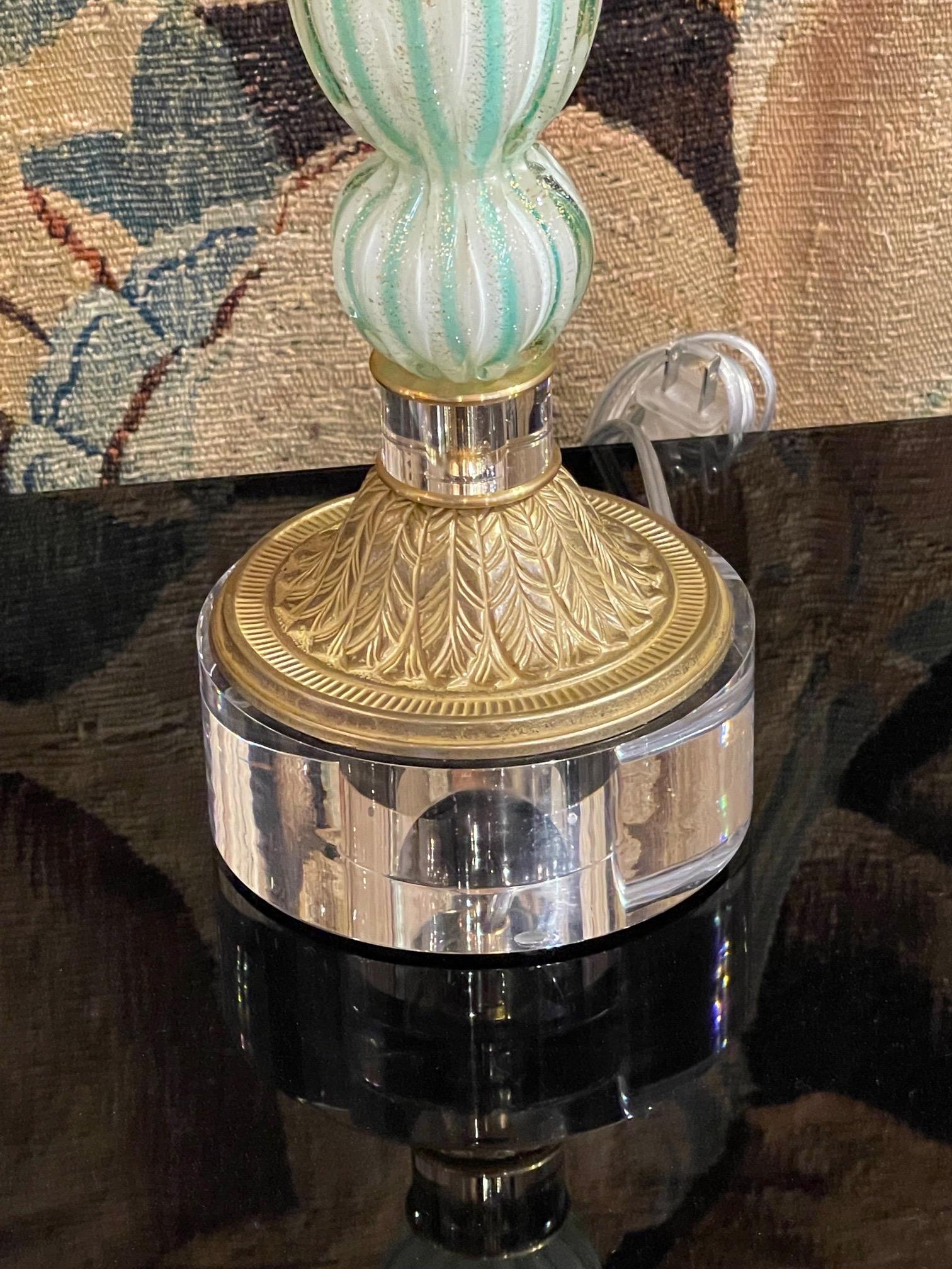 Pair of Vintage Green Murano Glass Lamps with Custom Gilt and Lucite Additions In Good Condition In Dallas, TX