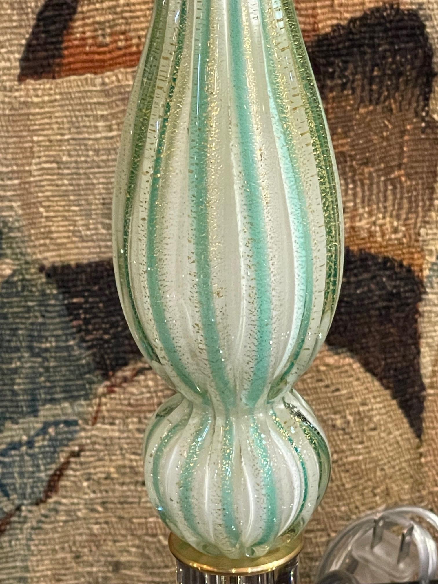 20th Century Pair of Vintage Green Murano Glass Lamps with Custom Gilt and Lucite Additions