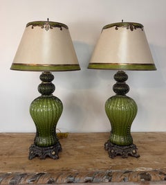 Pair of Vintage Murano Glass Table Lamps - Barovier & Toso Style Olive Green
