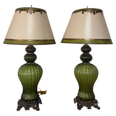 Pair of Vintage Murano Glass Table Lamps - Barovier & Toso Style Olive Green