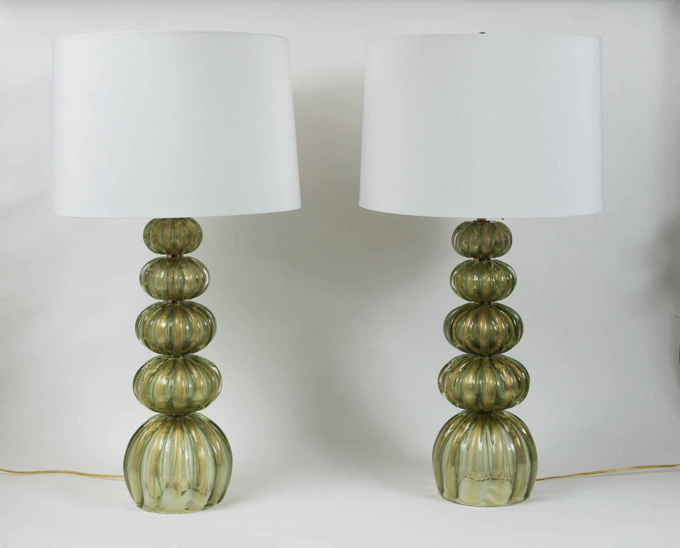 Modern Pair of Vintage Murano Gold/Green Table Lamps by Pauly