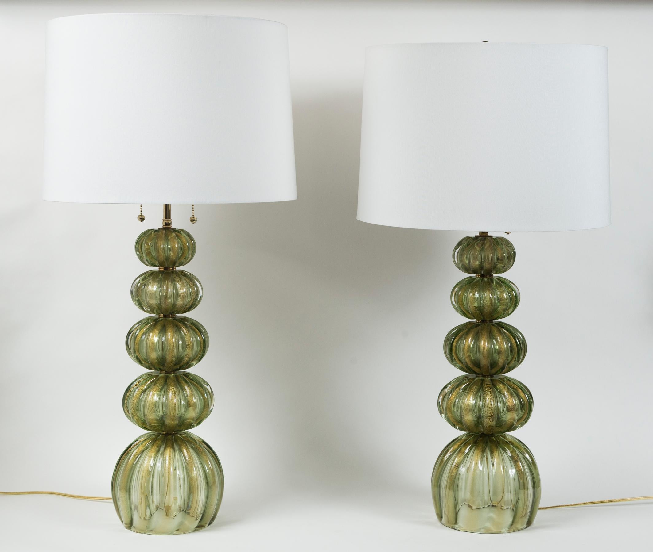 Pair of Vintage Murano Gold/Green Table Lamps by Pauly In Good Condition In Westport, CT