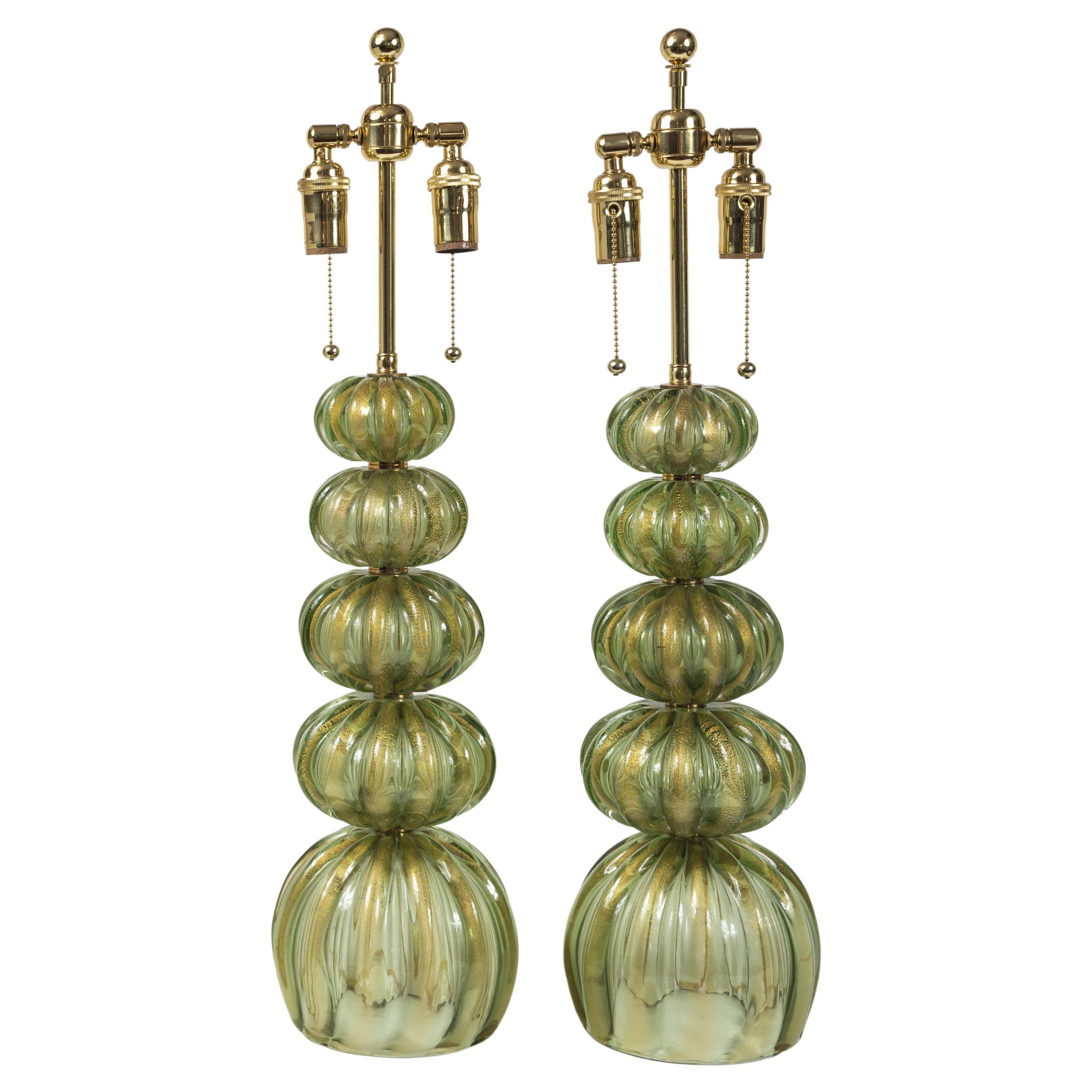Pair of Vintage Murano Gold/Green Table Lamps by Pauly
