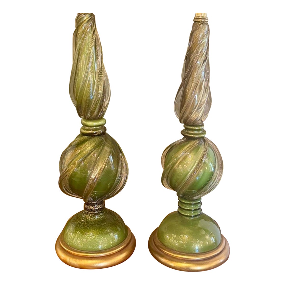Par de lámparas vintage de cristal verde de Murano en venta