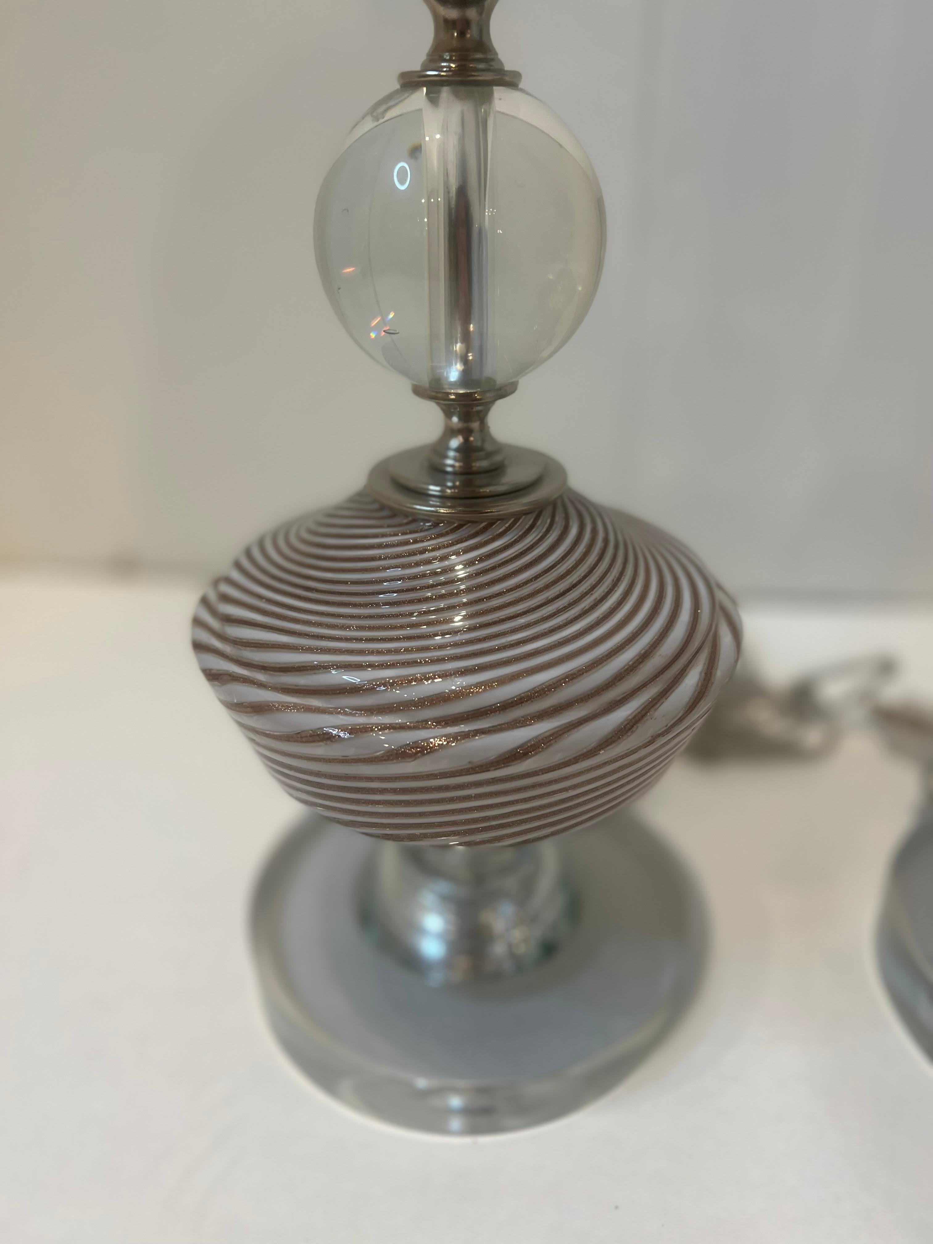 Pair of beautifully crafted vintage Mid- Century Modern Italian Murano lamps. Newly rewired with a great copper swirl design on a lucite base. Widest part of Lamp is 6 base is 5.5 x 5.5.
