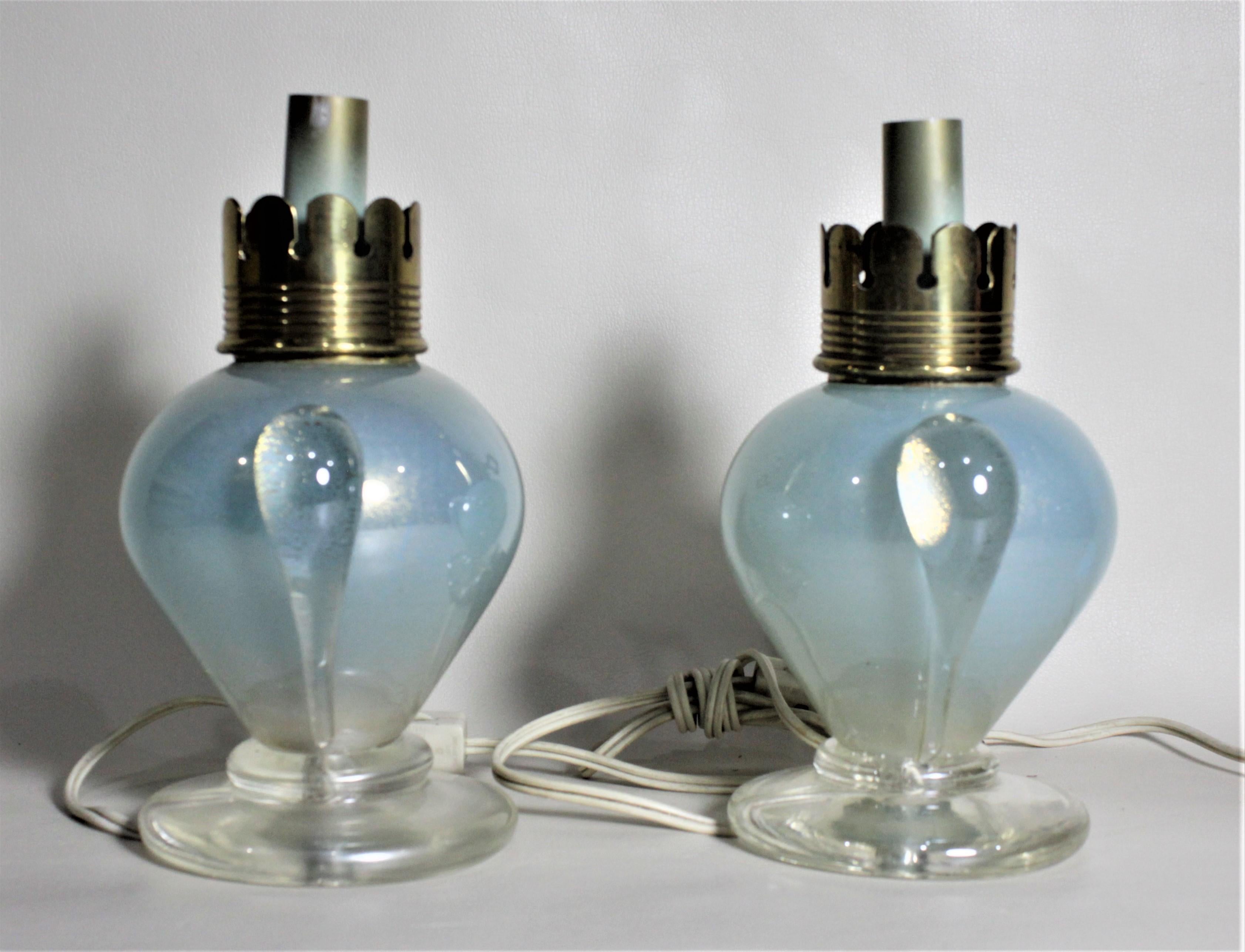 Mid-Century Modern Pair of Vintage Murano Lantern Styled Art Glass Table or Bedroom Accent Lamps For Sale