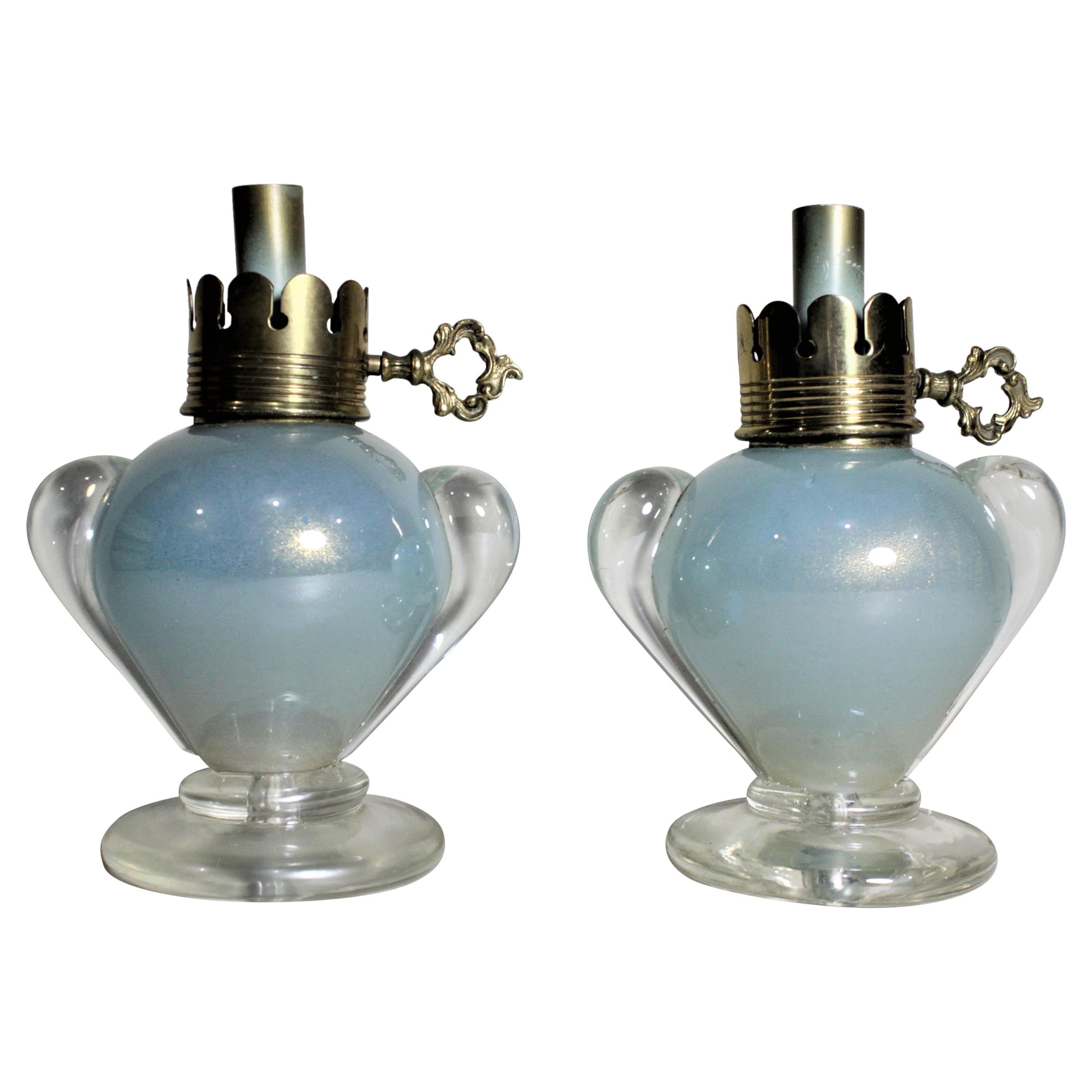 Pair of Vintage Murano Lantern Styled Art Glass Table or Bedroom Accent Lamps For Sale