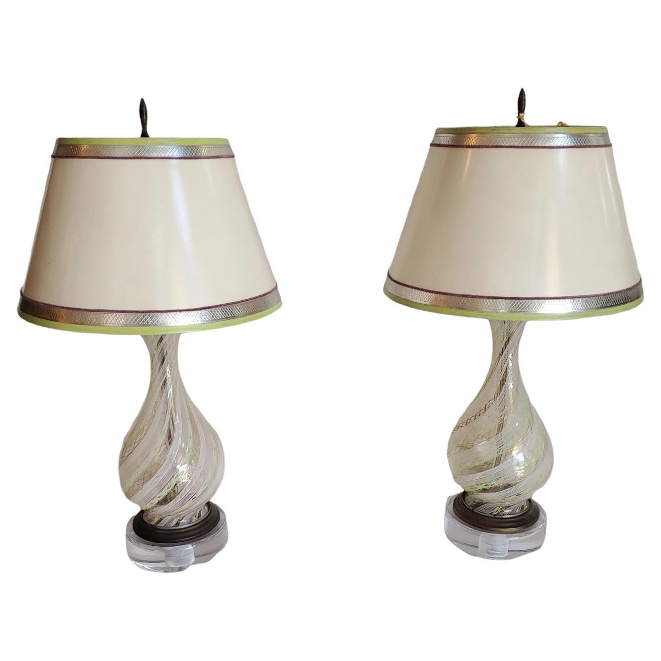 Pair of Vintage Murano Lattochino Lamps For Sale