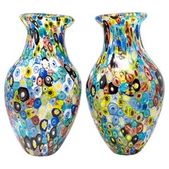 Pair of Vintage Murano Millefiori Baluster Vases