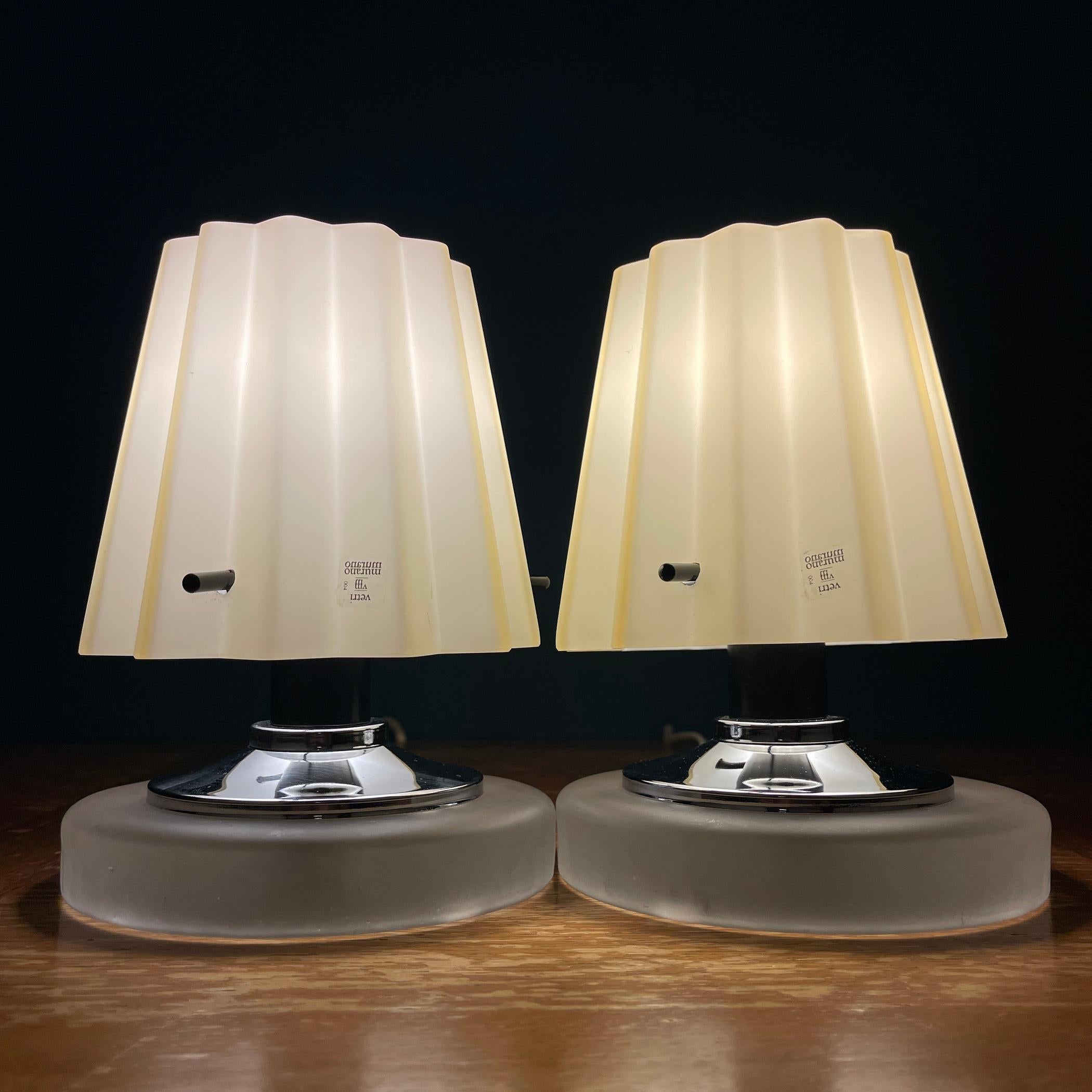 Pair of really beautiful Murano glass night lights Vetri Murano made in Italy in the 1980s. Rare and unusual table lamps. They will undoubtedly decorate your home. Shade and base made of Murano glass. In very good vintage condition. Requires E14