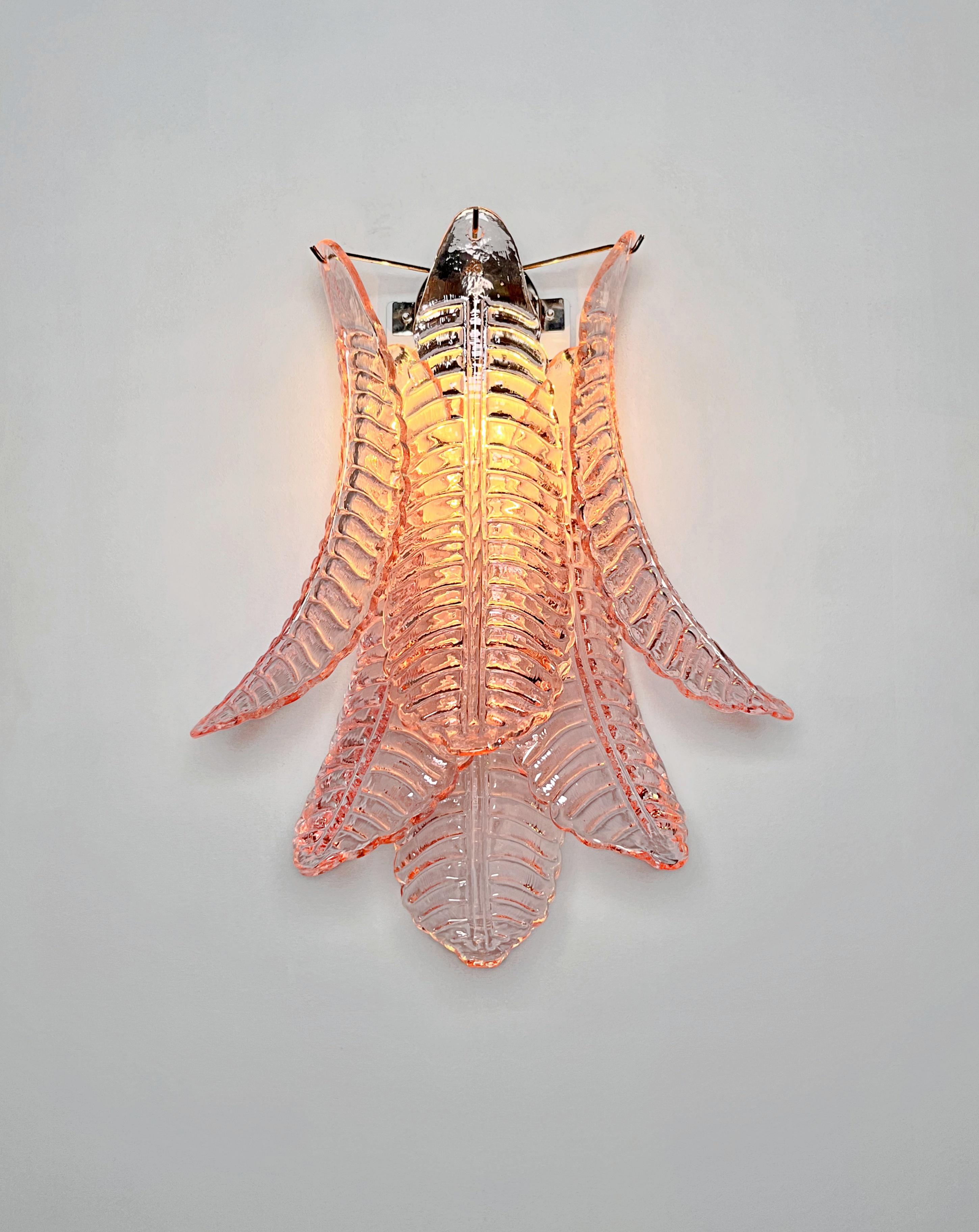Pair of vintage Murano pink Felci Glass wall sconces For Sale 6
