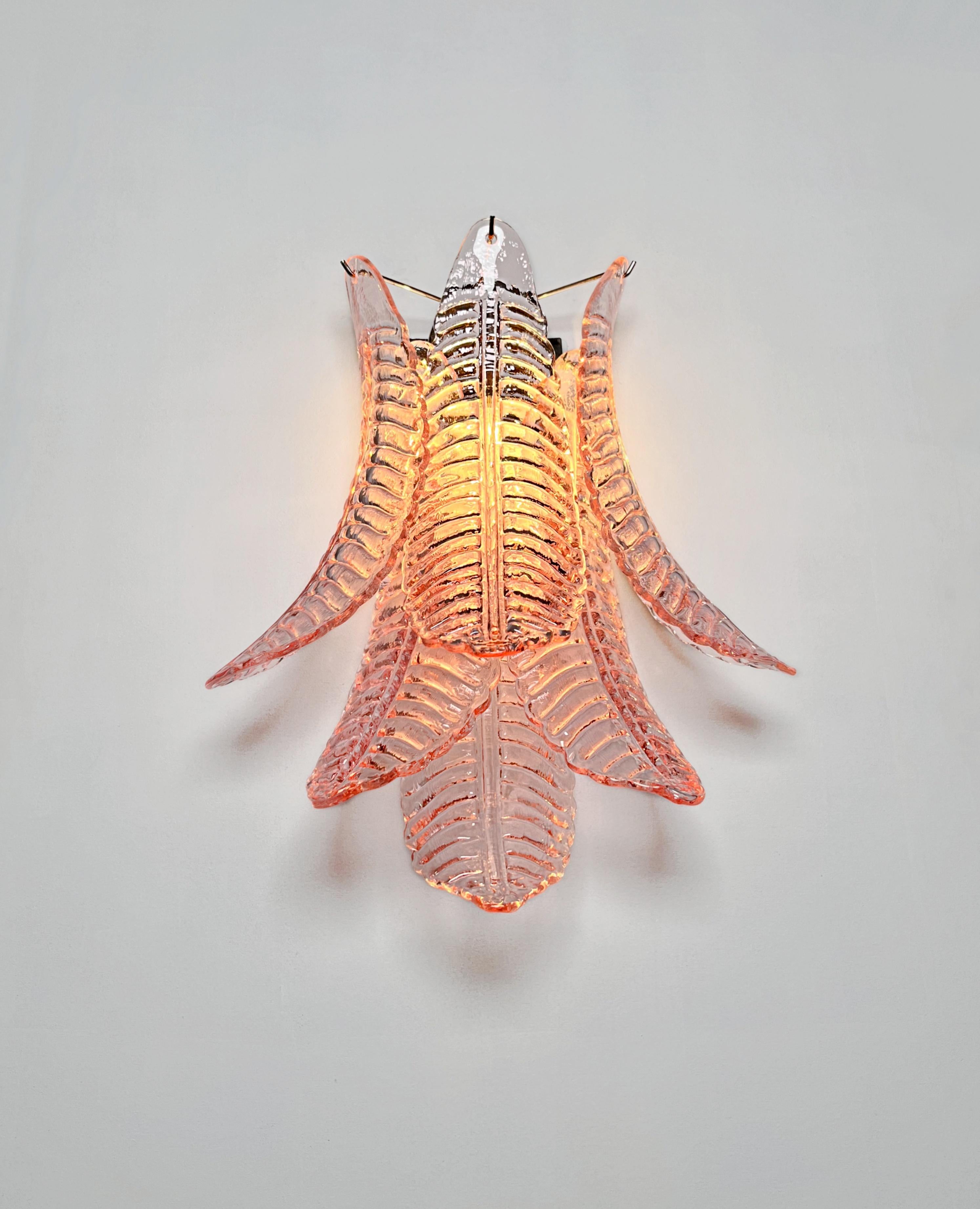 Pair of vintage Murano pink Felci Glass wall sconces For Sale 7