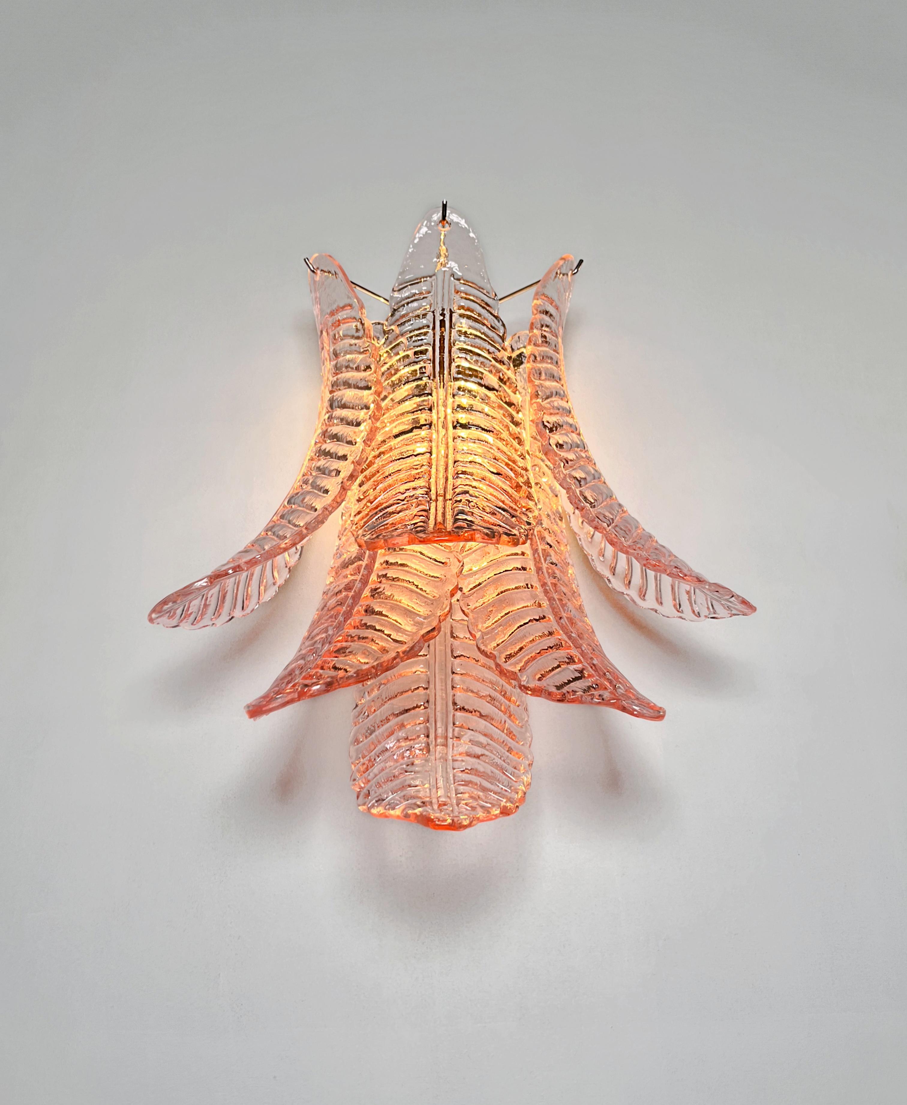 Pair of vintage Murano pink Felci Glass wall sconces For Sale 8