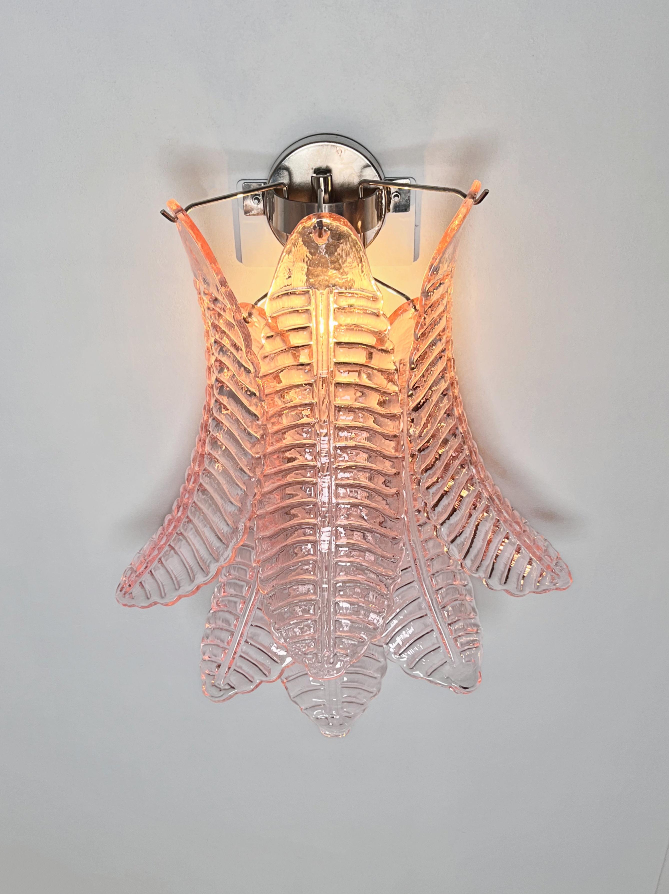 Pair of vintage Murano pink Felci Glass wall sconces For Sale 9