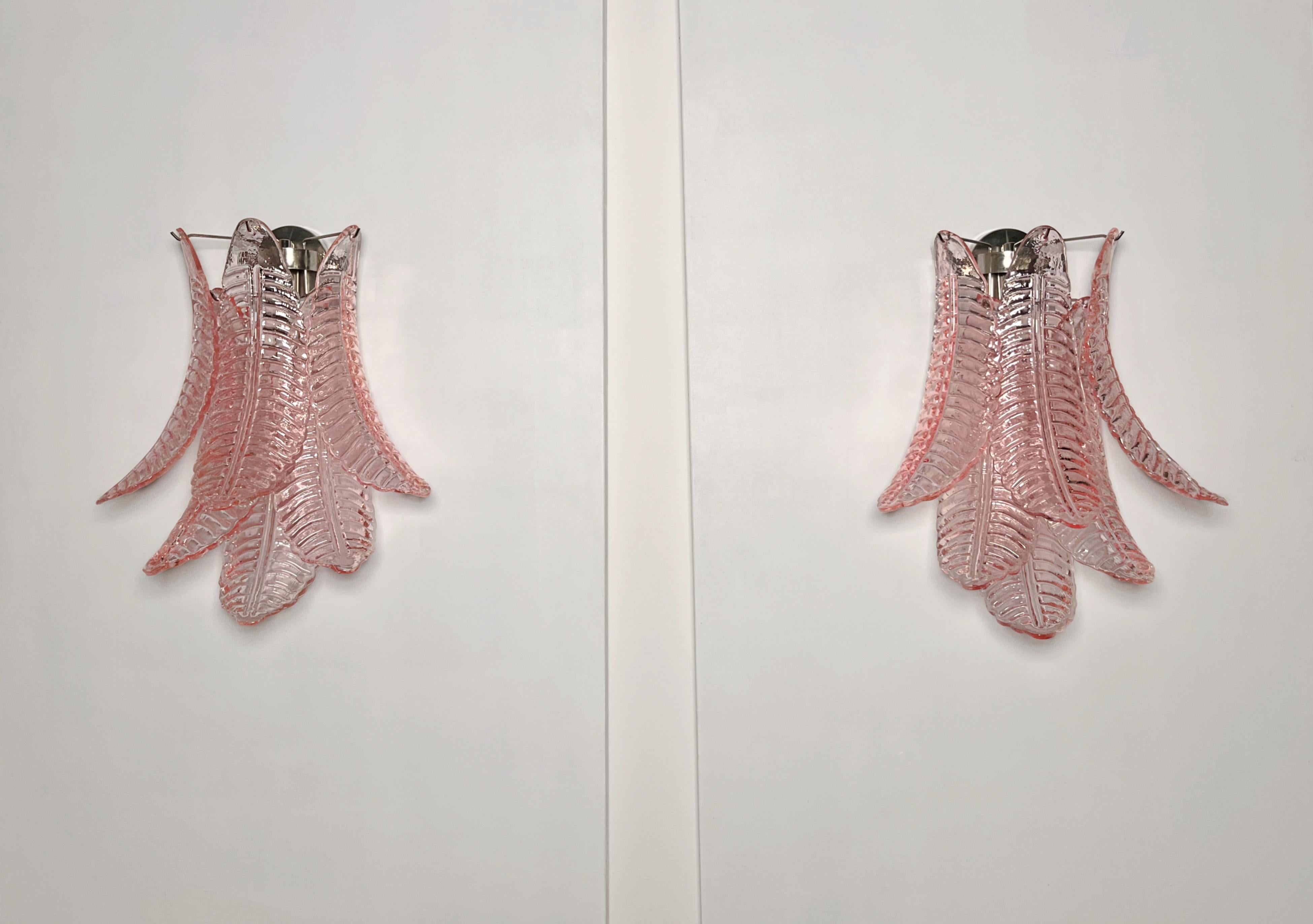 Italian Pair of vintage Murano pink Felci Glass wall sconces For Sale