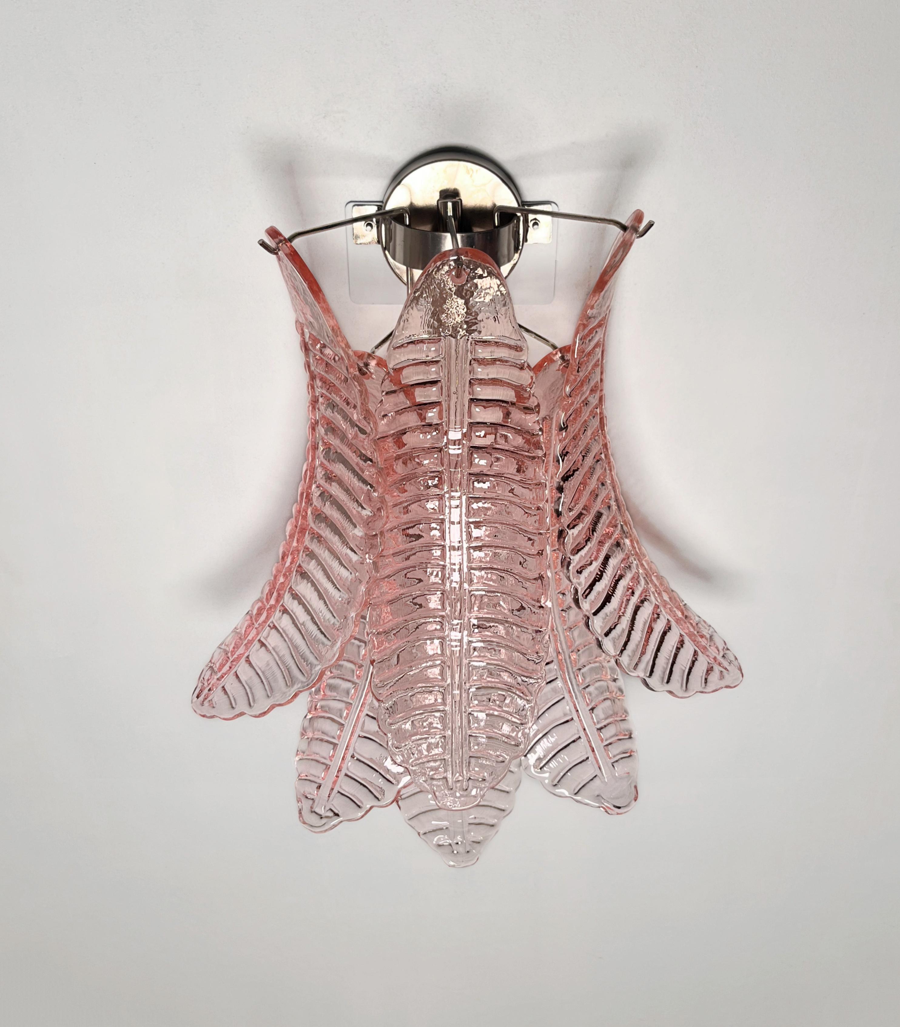 Pair of vintage Murano pink Felci Glass wall sconces For Sale 1