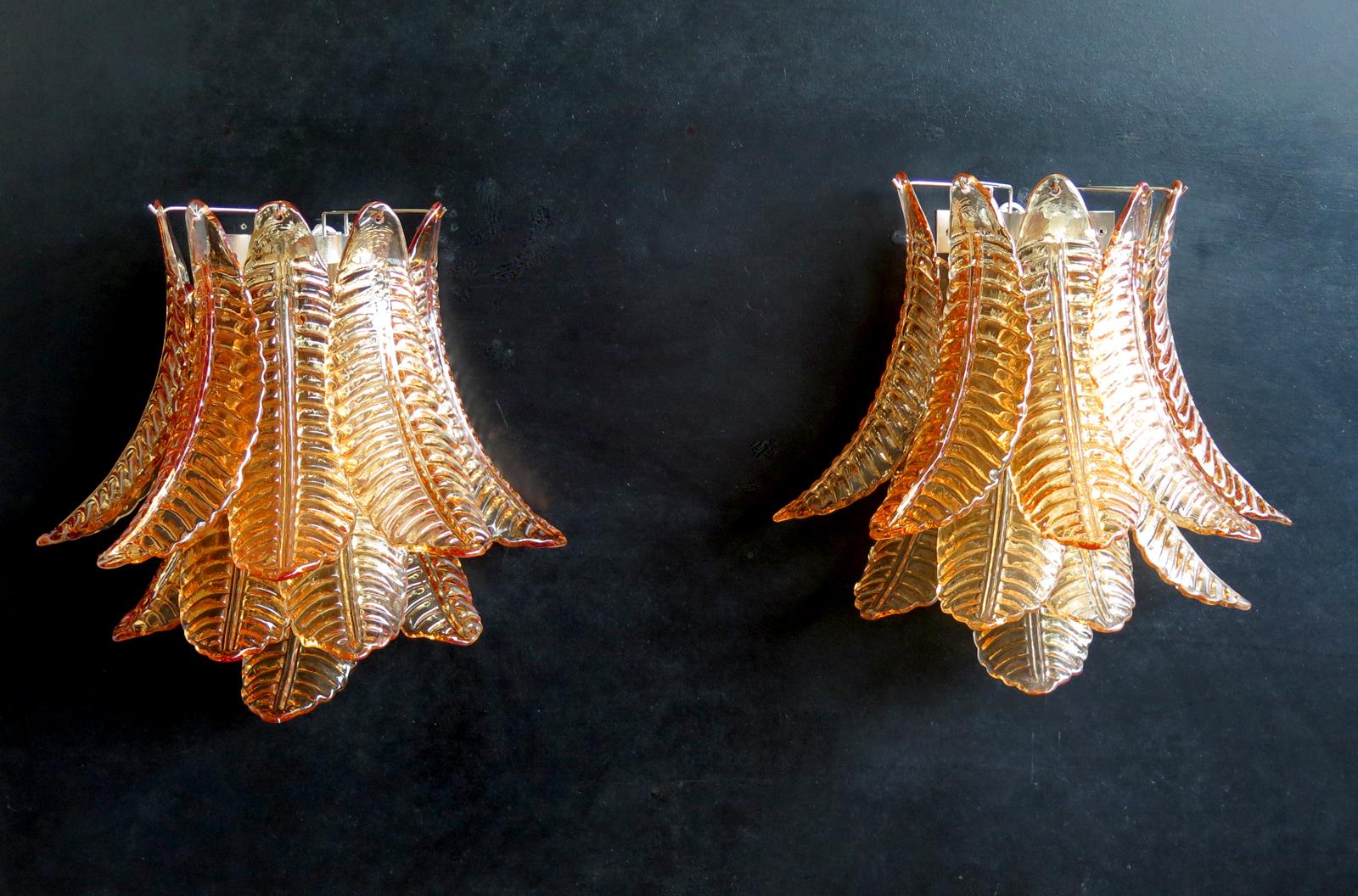 Italian Pair of Vintage Murano Six-Tier Felci Wall Sconce, Amber Glasses For Sale