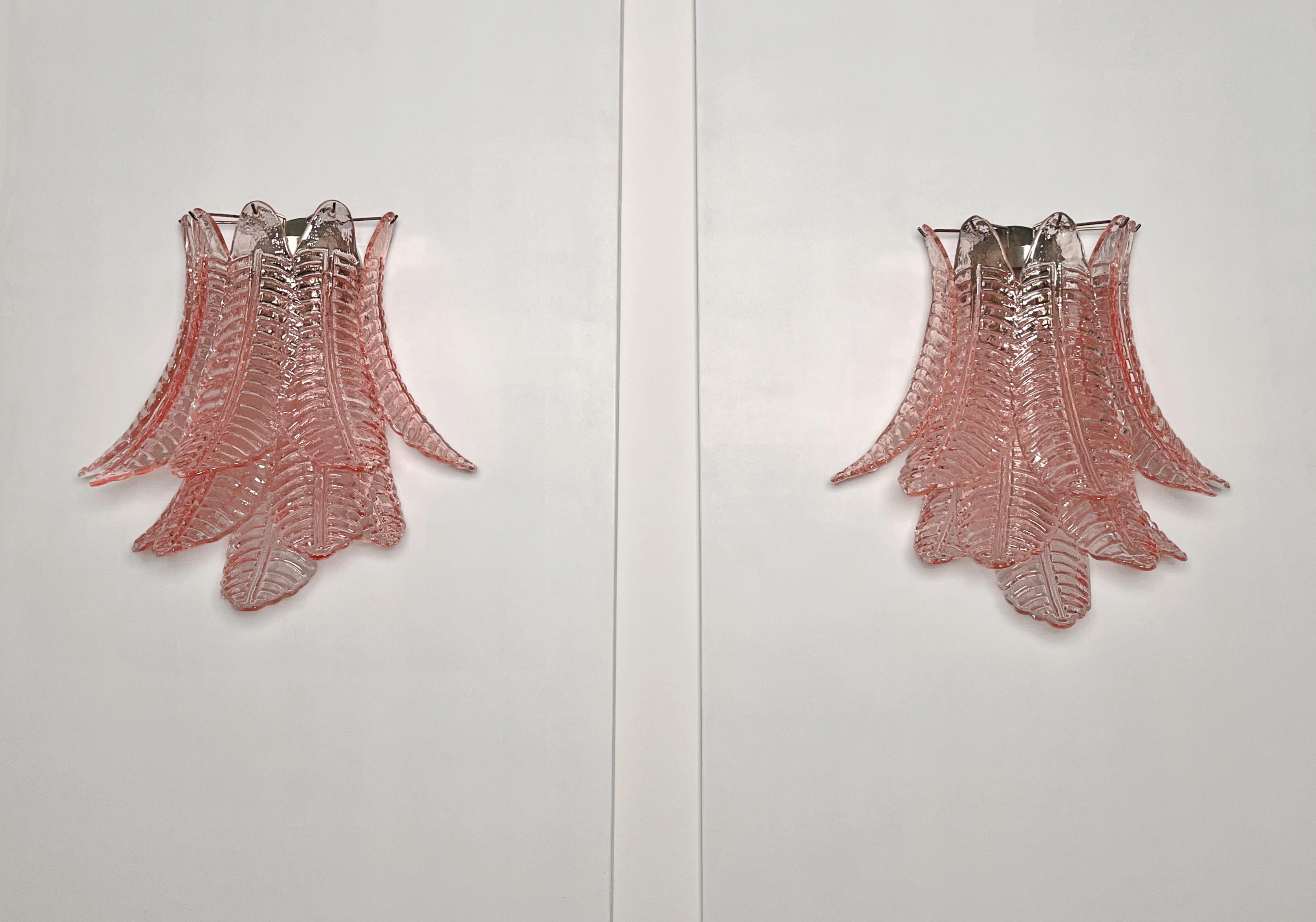 Italian Pair of Vintage Murano Six-Tier Felci Wall Sconce, Pink Glasses