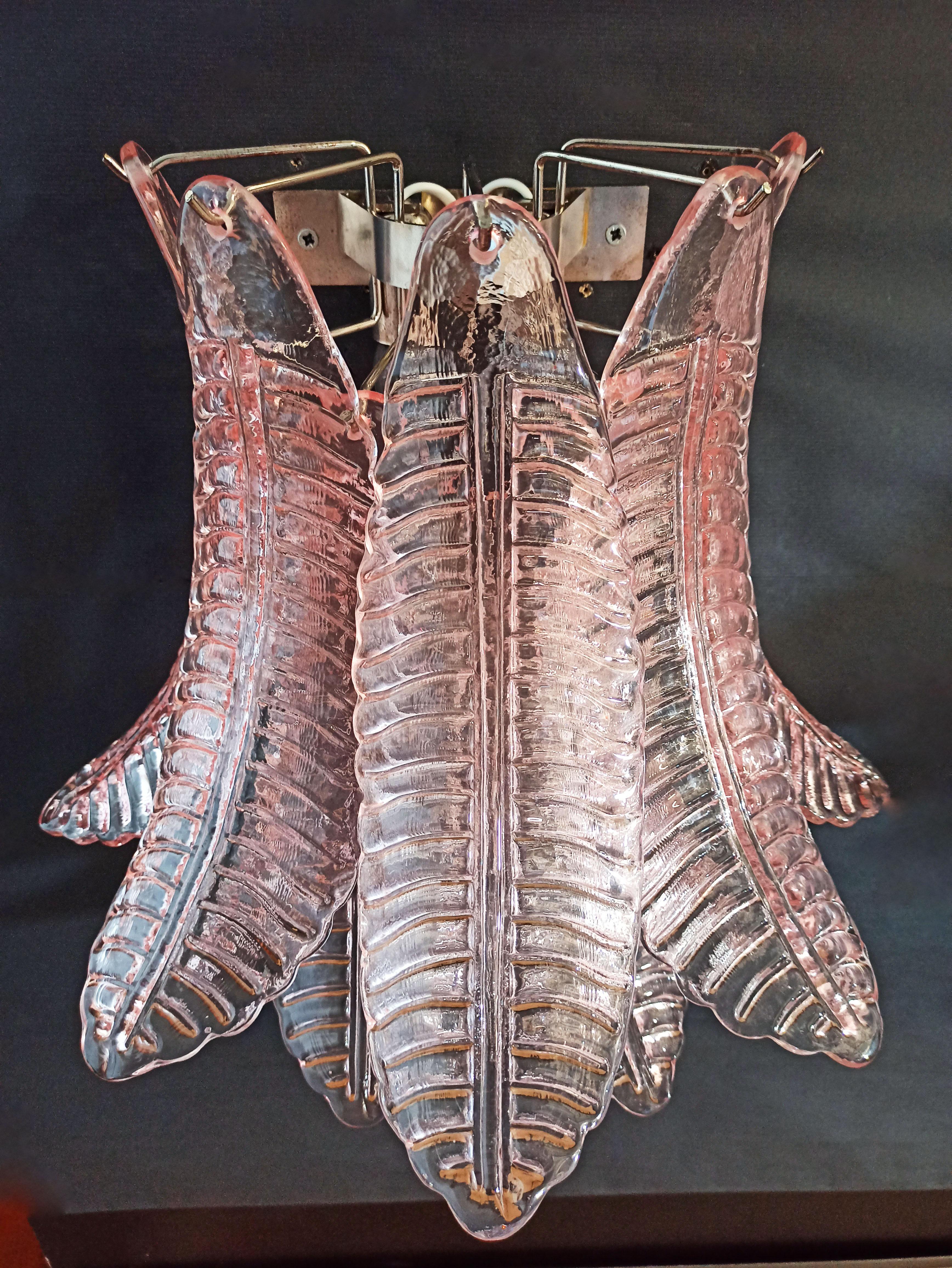 Galvanized Pair of Vintage Murano Six-Tier Felci Wall Sconce, Pink Glasses