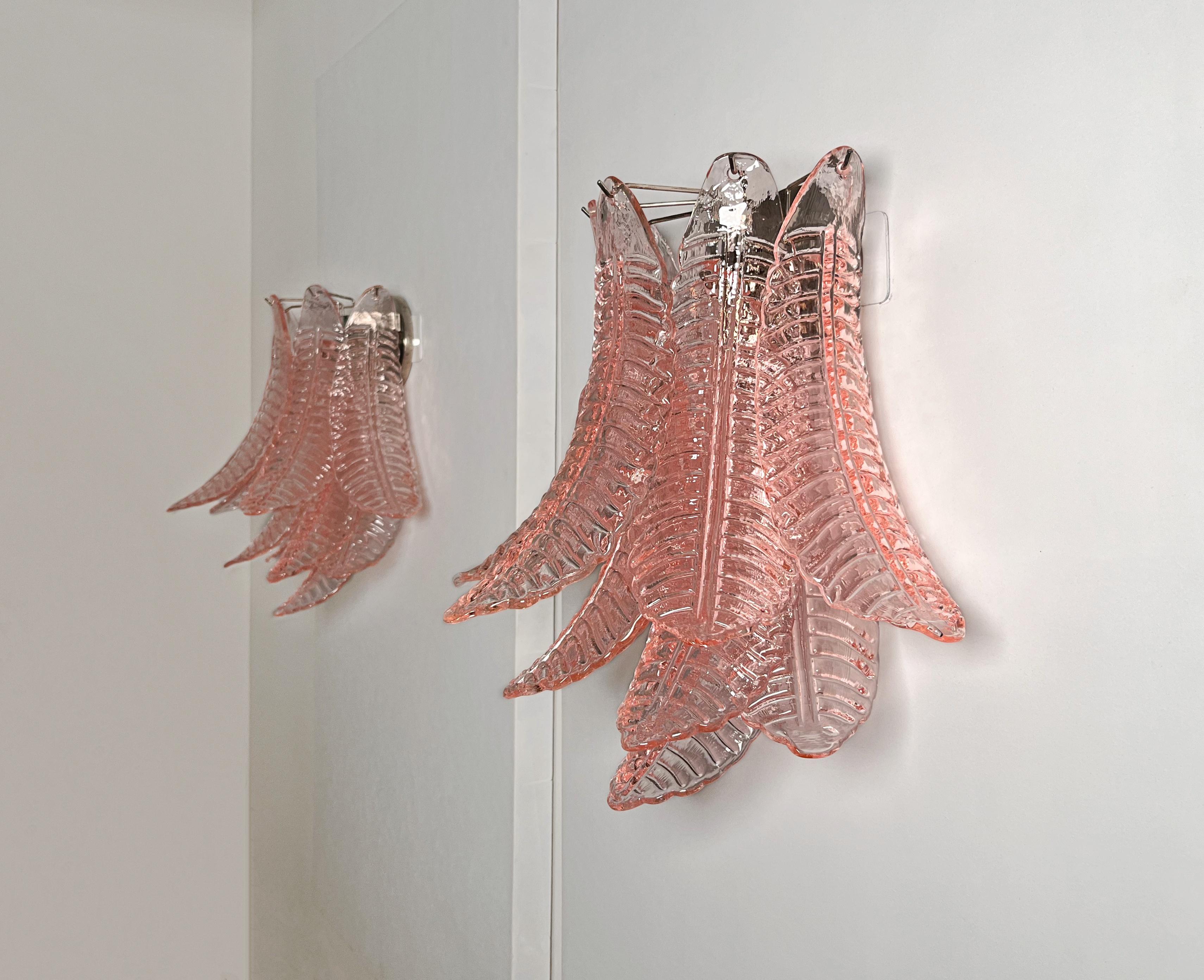 Galvanized Pair of Vintage Murano Six-Tier Felci Wall Sconce, Pink Glasses
